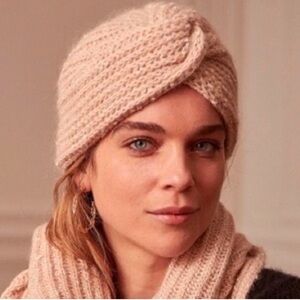 NWT Sézane Knitted Turban-Style Bonnet Winter Beanie Hat in Powder Pink